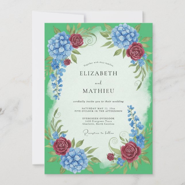 Burgundy Cornflower Hydrangea Sage Wedding Invitation (Front)