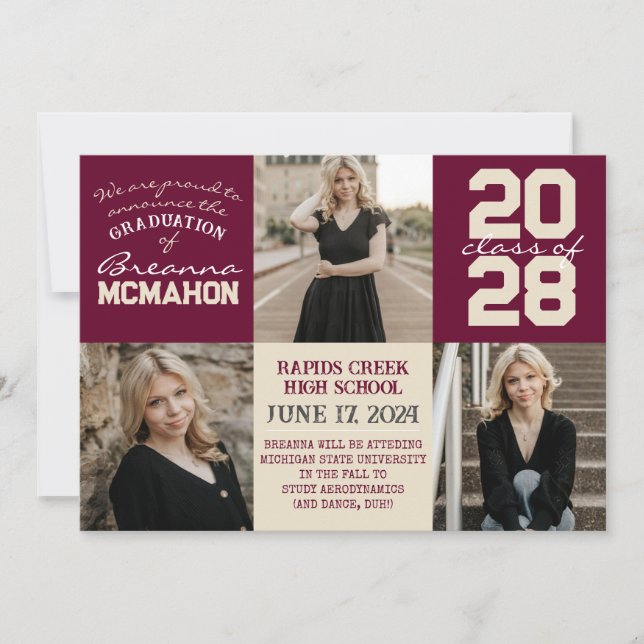 Burgundy & Cream 4 Photo Graduation Announcement  (Front)