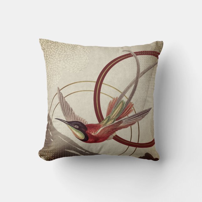 Burgundy & Cream Artistic Abstract Hummingbird Throw Pillow (Front)