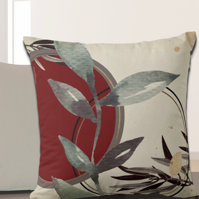 Burgundy & Cream Artistic Abstract Watercolor Leaf Throw Pillow (Creator Uploaded)