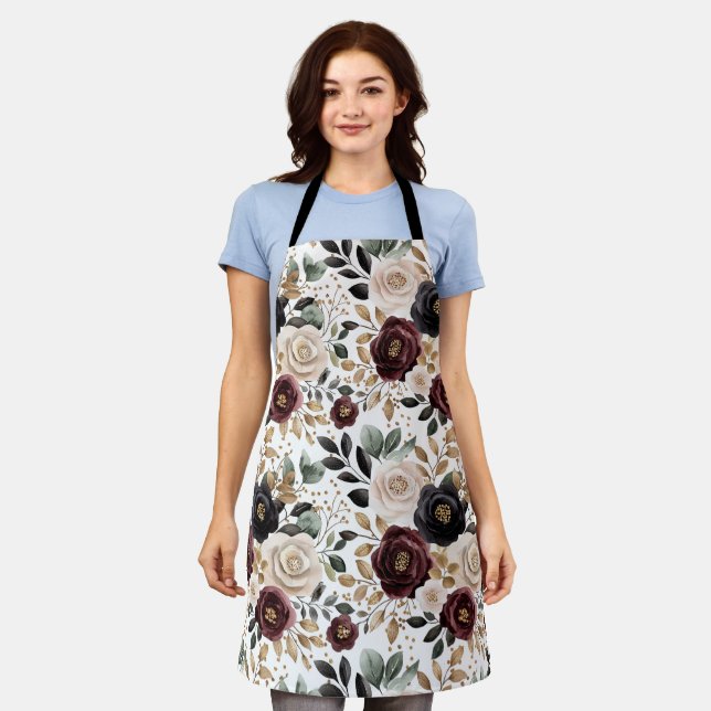 Burgundy Cream Black Floral Apron (Worn)