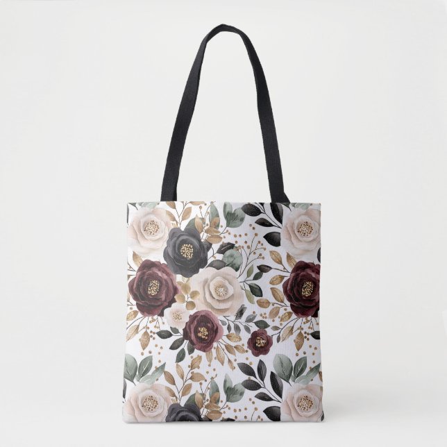 Burgundy Cream Black Floral Tote Bag (Front)