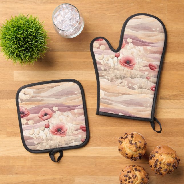Burgundy Cream Blush Floral Bridal Shower Oven Mitt & Pot Holder Set (Top Down)