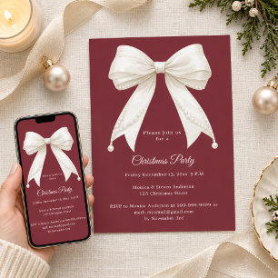 Burgundy Cream Bow Christmas Party Invitation