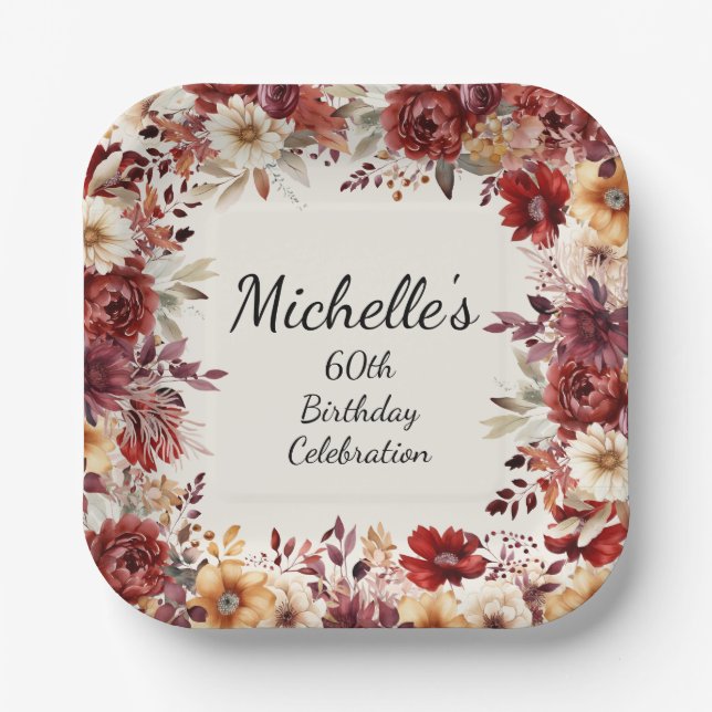 Burgundy Cream Fall Autumn Floral 60th Birthday Paper Plate (Front)