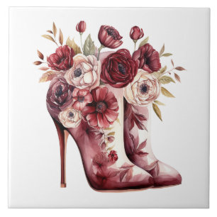 Burgundy Cream Floral Boots Tile