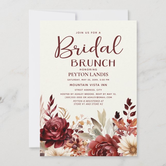 Burgundy Cream Floral Bridal Brunch Invitation (Front)