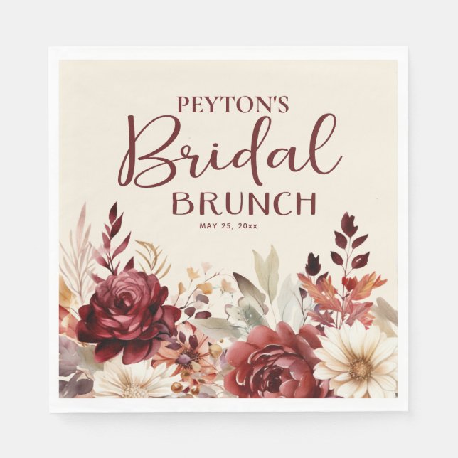 Burgundy Cream Floral Bridal Brunch Napkin (Front)