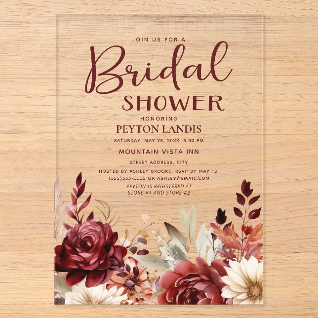 Burgundy Cream Floral Bridal Shower Acrylic Invitations (Front)
