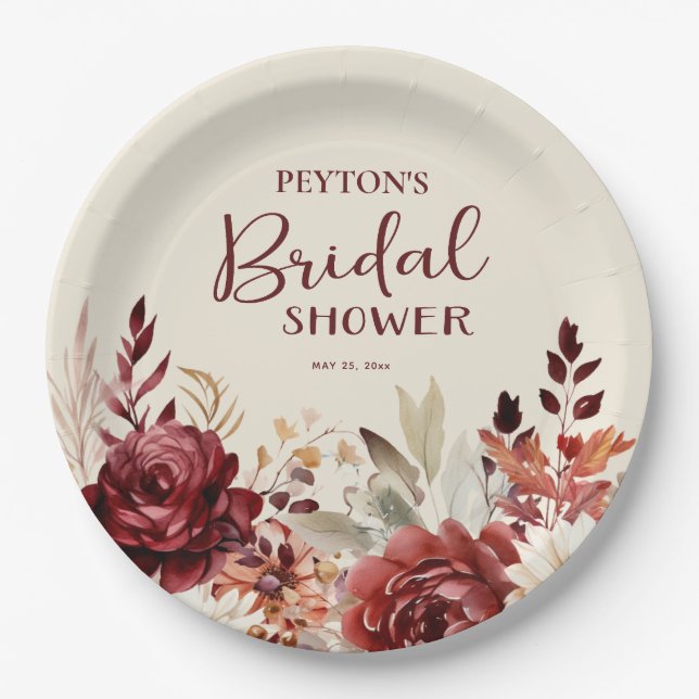 Burgundy Cream Floral Bridal Shower Paper Plate (Front)