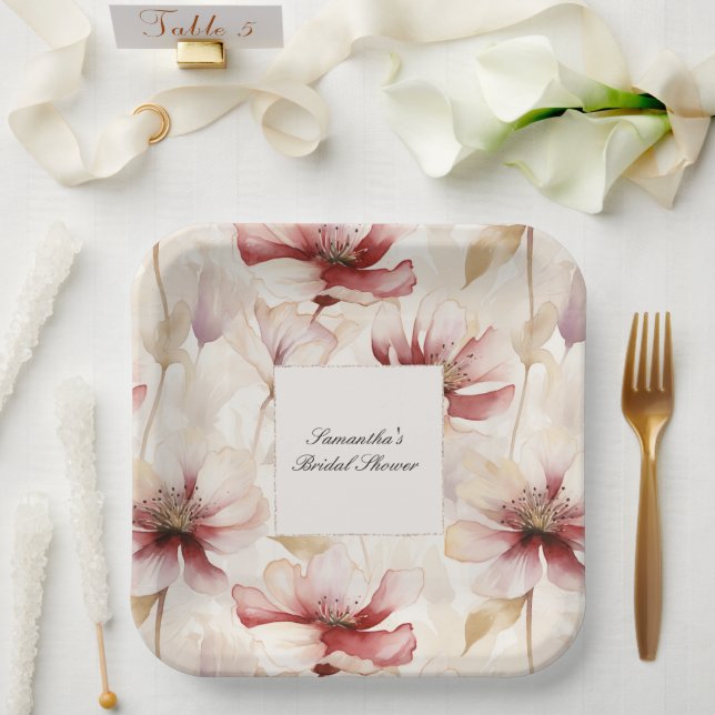 Burgundy Cream Floral Bridal Shower Paper Plate (Wedding)