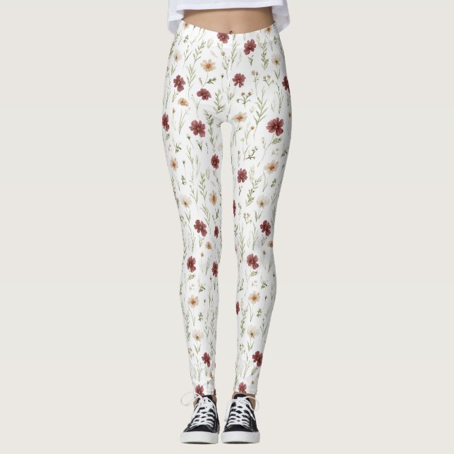 Burgundy Cream Flowers Leggings (Front)