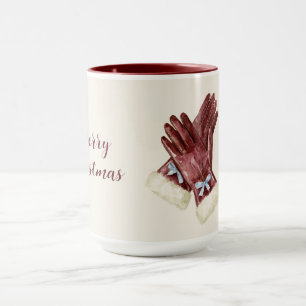 Burgundy Cream Fur Gloves Blue Bow Christmas Mug