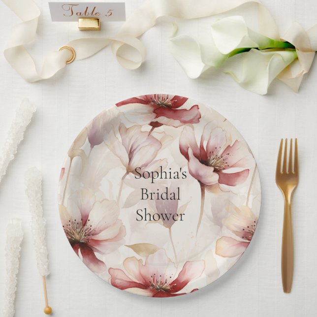 Burgundy Cream Lavender Floral Bridal Shower Paper Plate (Wedding)