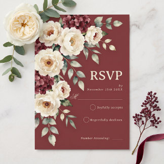 Burgundy Cream Moody Floral Autumn Wedding RSVP Card