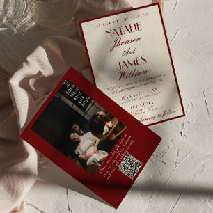 Burgundy Cream Old Money QR Code Photo Wedding Invitation