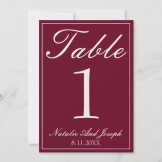 Burgundy Cream Old Money Wedding Table Number