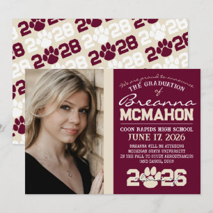 Burgundy & Cream Paw Print Graduation Announcement