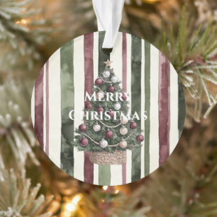 Burgundy Cream Pine Green Stripes Christmas Tree Ornament