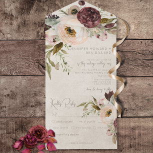 Burgundy Cream & Pink Vintage Peonies Dinner All In One Invitation