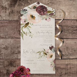Burgundy Cream & Pink Vintage Peonies No Dinner All In One Invitation