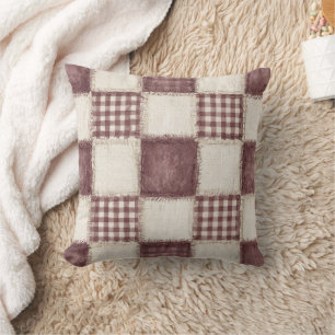 Burgundy Cream Plaid Stripes Throw Pillow