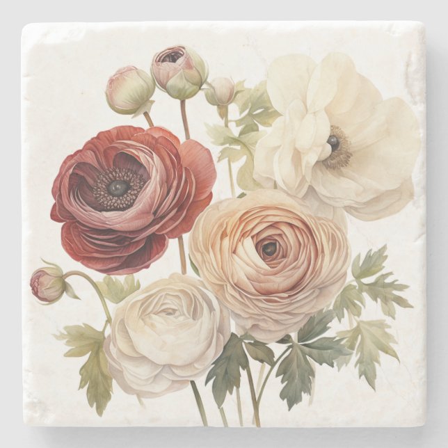 Burgundy Cream Ranunculus Flowers Stone Coaster (Front)