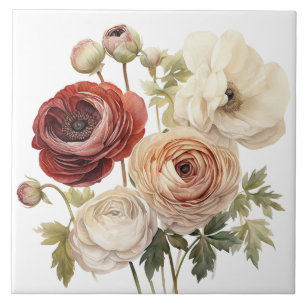 Burgundy Cream Ranunculus Flowers Tile