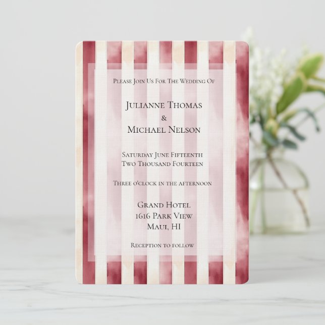 Burgundy Cream Romantic Stripes Wedding Invitation (Standing Front)