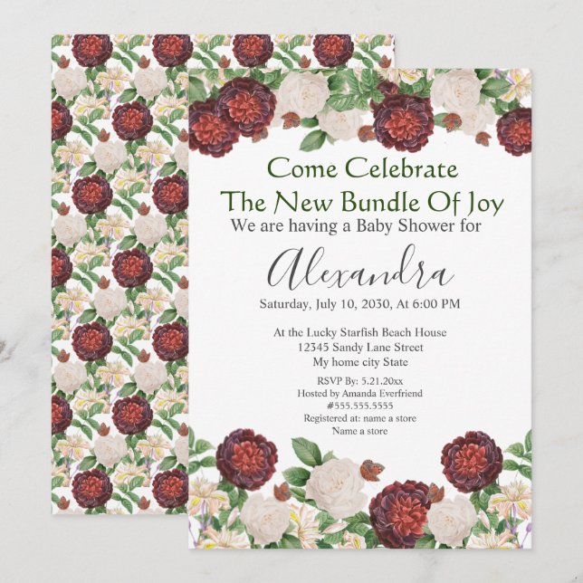 Burgundy Cream Rose Floral Baby shower invitation (Devant / Derrière)