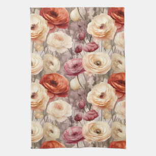 Burgundy Cream Spring Flowers Bridal Shower Kitchen Towel
