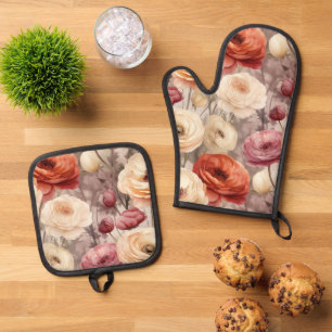 Burgundy Cream Spring Flowers Bridal Shower Oven Mitt & Pot Holder Set