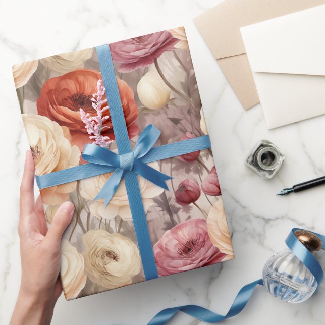 Burgundy Cream Spring Flowers Bridal Shower Wrapping Paper (Gifting)