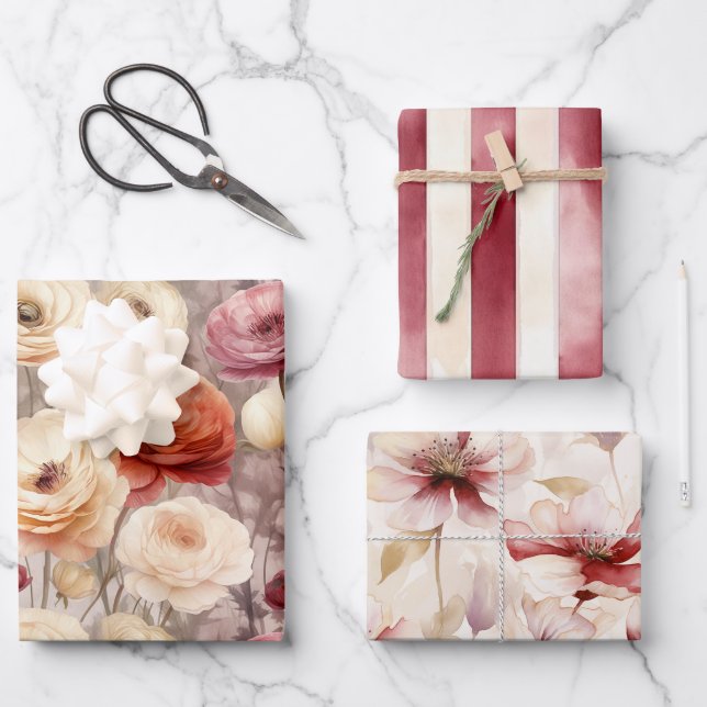 Burgundy Cream Spring Flowers Bridal Shower Wrapping Paper Sheet (Front)