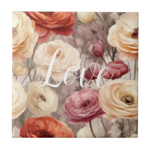 Burgundy Cream Spring Flowers Love Tile