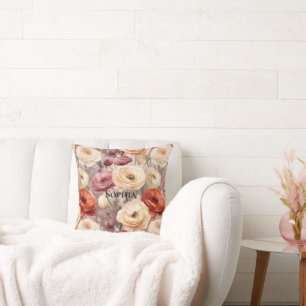 Burgundy Cream Spring Flowers  Throw Pillow