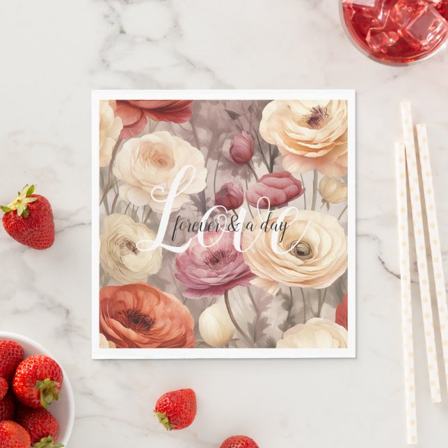 Burgundy Cream Spring Flowers Wedding Love Napkin (Insitu)