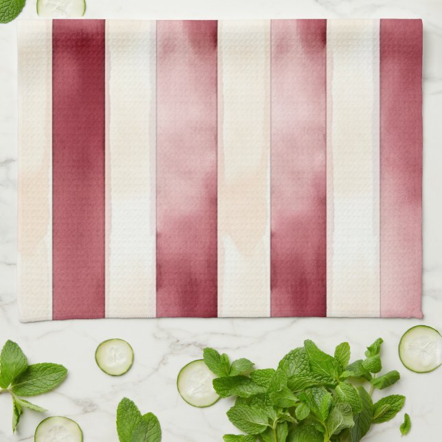 Burgundy Cream Stripes  Kitchen Towel (Folded)