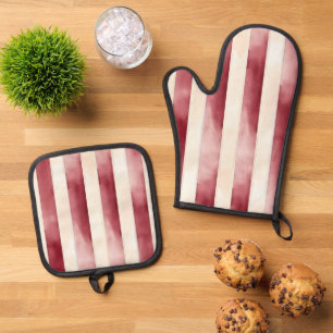 Burgundy Cream Stripes  Oven Mitt & Pot Holder Set