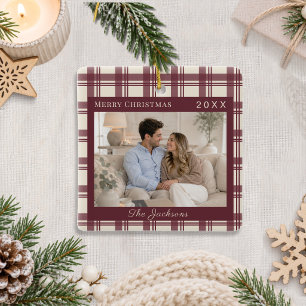 Burgundy Cream Tartan Plaid Photo Christmas Ceramic Ornament