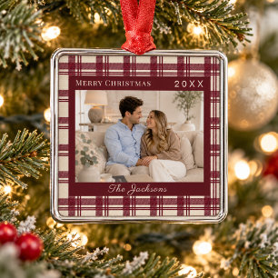 Burgundy Cream Tartan Plaid Photo Christmas Metal Ornament