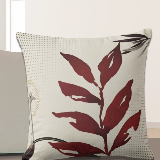 Burgundy & Cream Watercolor Leaves Ostrich Throw Pillow (Creator Uploaded)