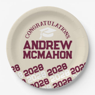Burgundy, Cream & White Personalized Graduation Paper Plate