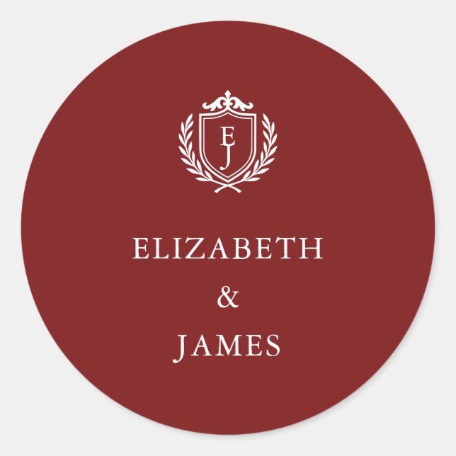 Burgundy Crest Wedding Custom Initials Classic Round Sticker (Front)