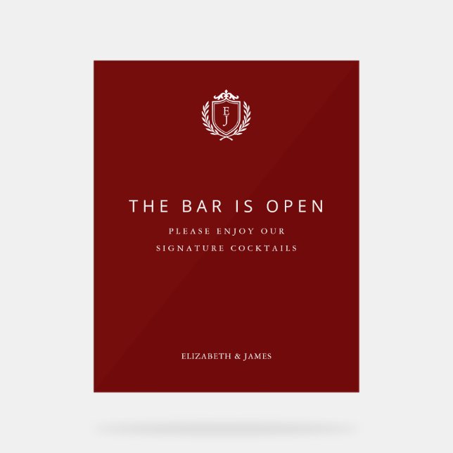 Burgundy Crest Wedding Welcome, Custom Initials Acrylic Sign (Front)