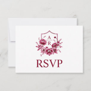 Burgundy crest with intitials and qr code wedding RSVP card