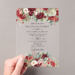 Burgundy Crimson Wine Red Mums Floral Wedding Acrylic Invitations