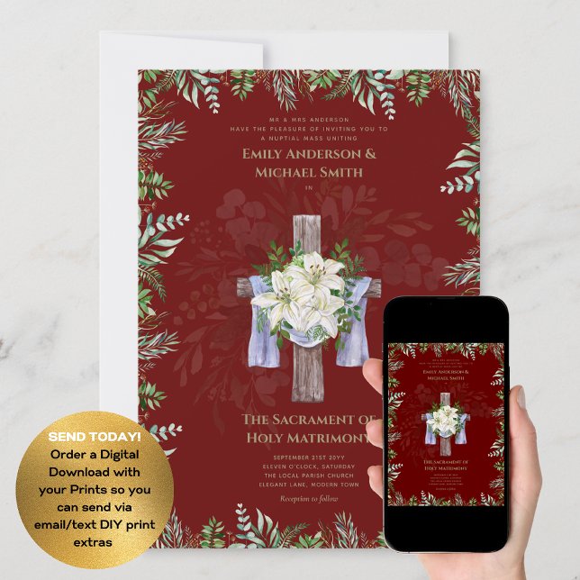 Burgundy Cross Catholic Nuptial Mass Wedding Invitation (Creator Uploaded)