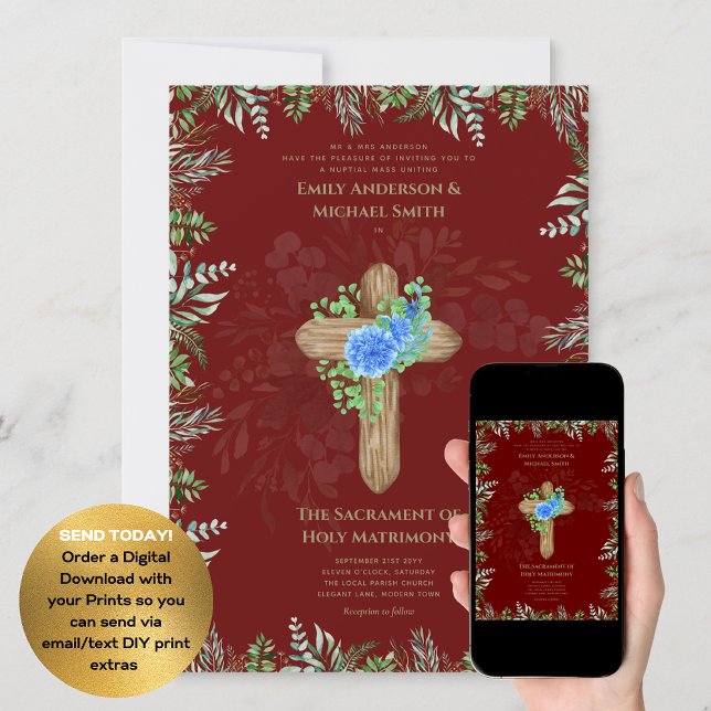 Burgundy Cross Catholic Nuptial Mass Wedding Invitation (Creator Uploaded)