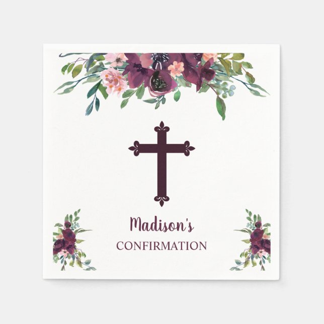 Burgundy Cross Floral Watercolor Confirmation Napkin (Front)